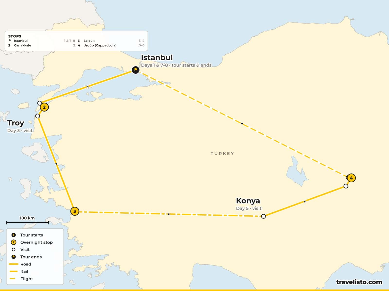 Map of the 8-day trip from Istanbul to Gallipoli, Çanakkale, Troy, Selçuk and Ephesus, by train to Konya, then Cappadocia and a flight back to Istanbul