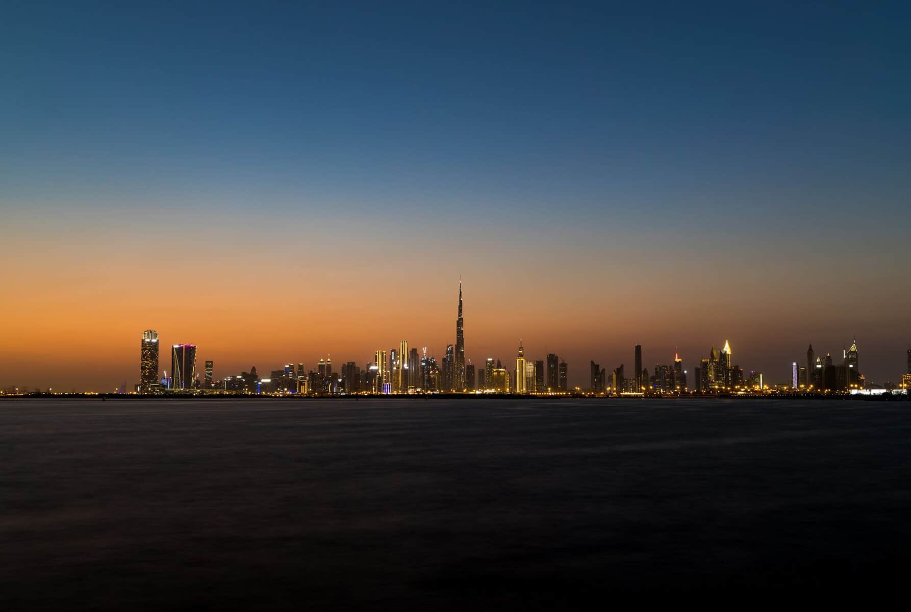 Dubai skyline at dusk with the Burj Khalifa, United Arab Emirates