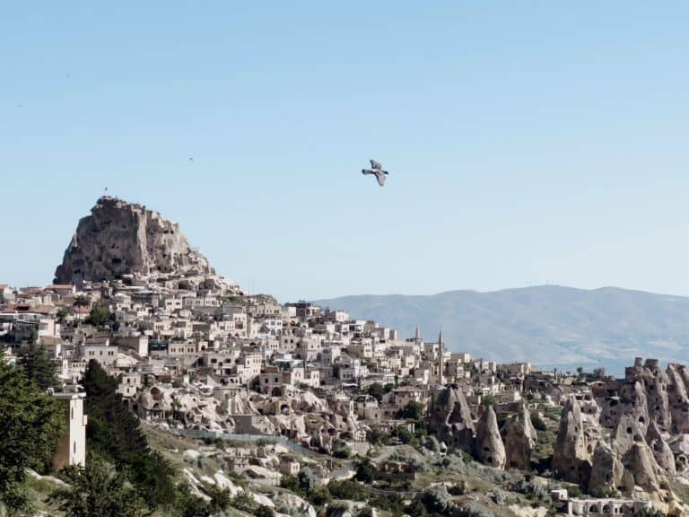 Uçhisar Castle above the valleys of Cappadocia, Turkey