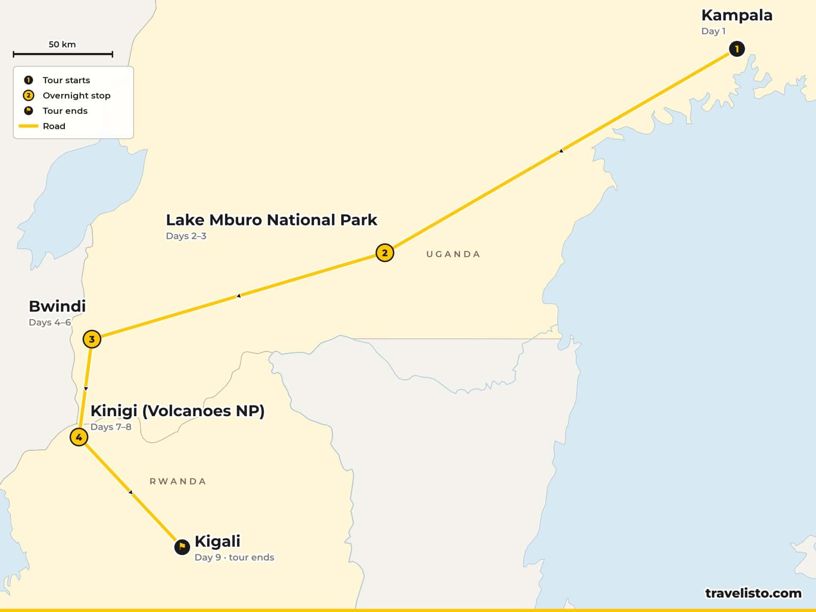 Map of the 10-day trip from Kampala to Lake Mburo, Bwindi Impenetrable Forest and Volcanoes National Park in Rwanda, ending in Kigali
