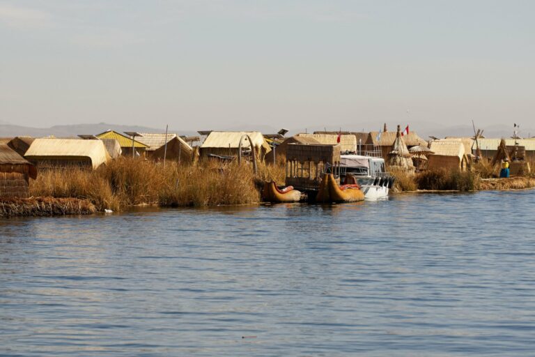 Reed houses of a Uros floating village on Lake Titicaca