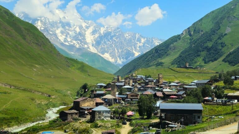 The village of Ushguli below the Caucasus mountains in Svaneti, Georgia