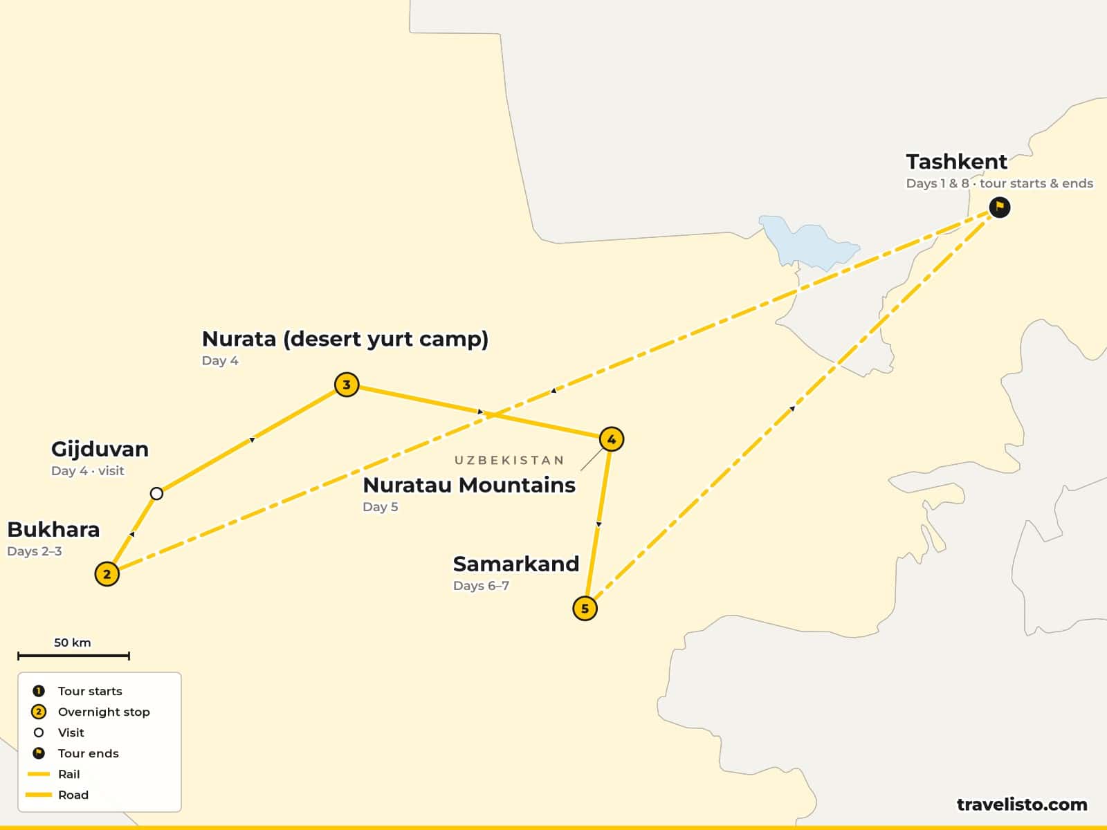 Map of the 9-day trip from Tashkent by train to Bukhara, through Gijduvan and Nurata to the Nuratau Mountains and Samarkand, and back to Tashkent