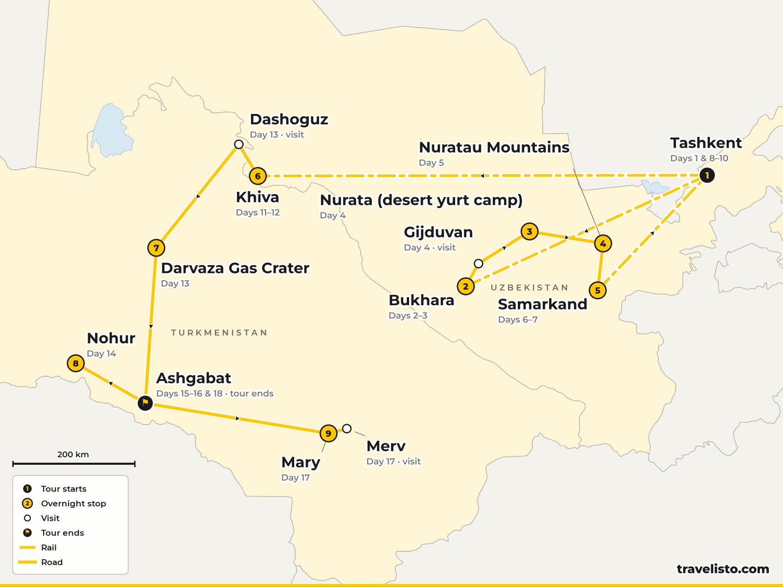 Map of the 19-day route from Tashkent to Bukhara, Samarkand, Khiva, Darvaza and Ashgabat
