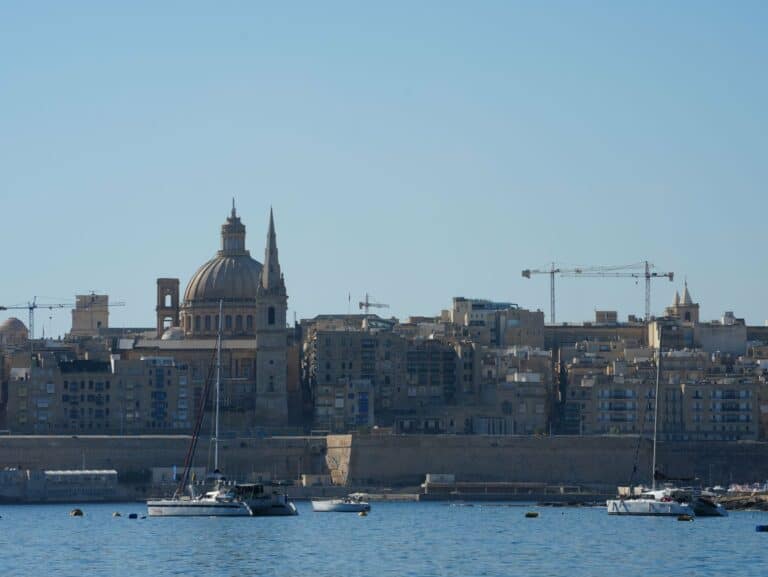 Valletta's skyline and dome across the harbour, Malta