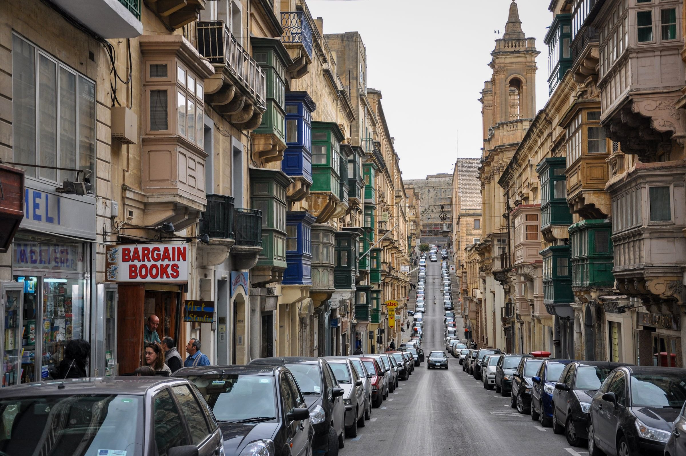 A Valletta street lined with traditional balconies
