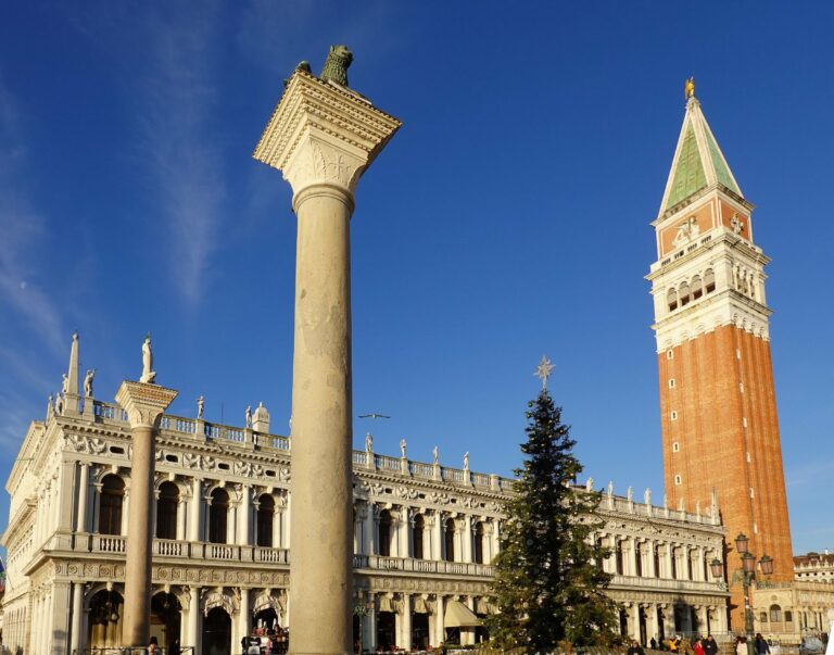 A Christmas tree beside St Mark's Campanile in Venice