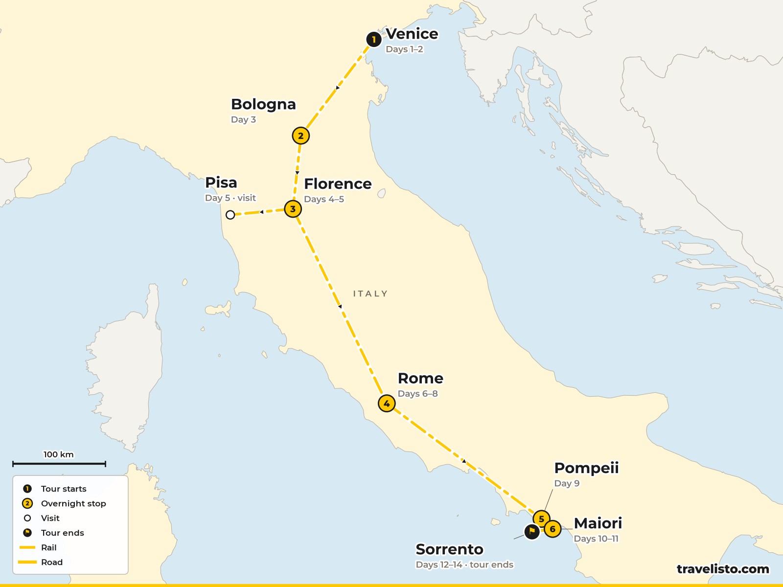 Map of the 14-day rail route from Venice to Bologna, Florence, Rome, Pompeii and the Amalfi Coast