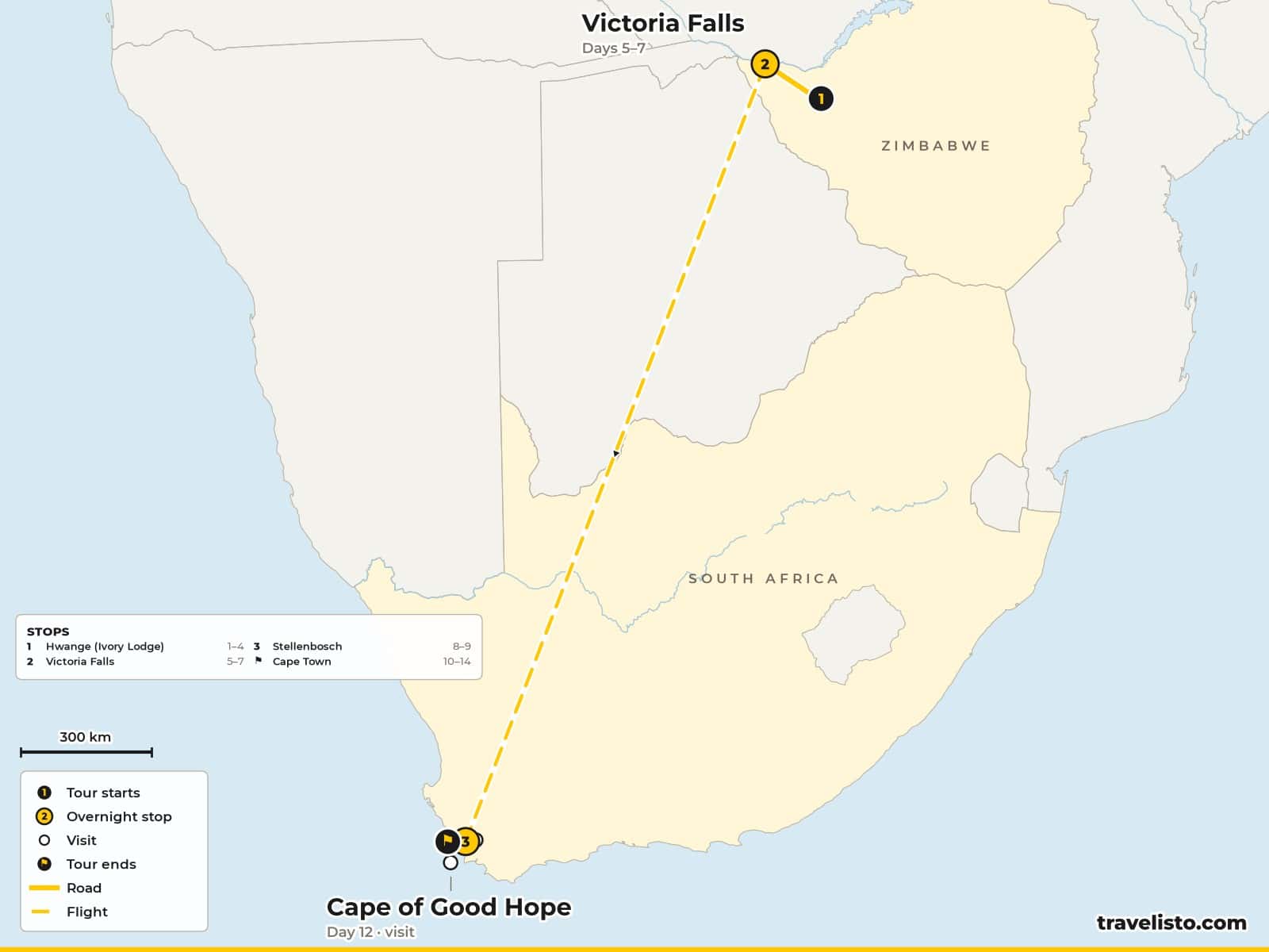 Map of the 14-day tour from Victoria Falls to Hwange and back, then by air to Cape Town, Stellenbosch and the Cape Peninsula