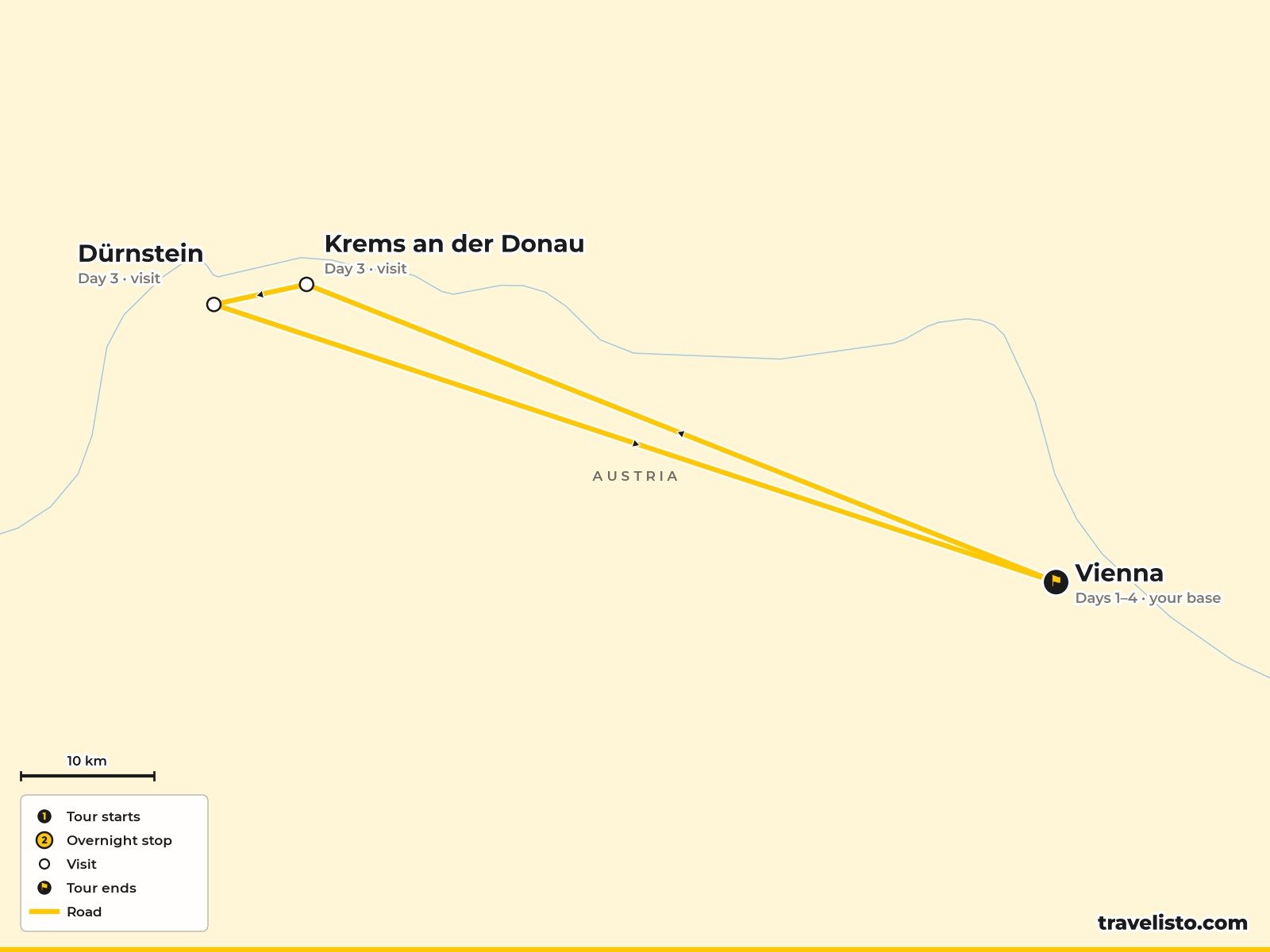 Map of the 4-day Vienna short break with a day trip to Krems and Dürnstein in the Wachau
