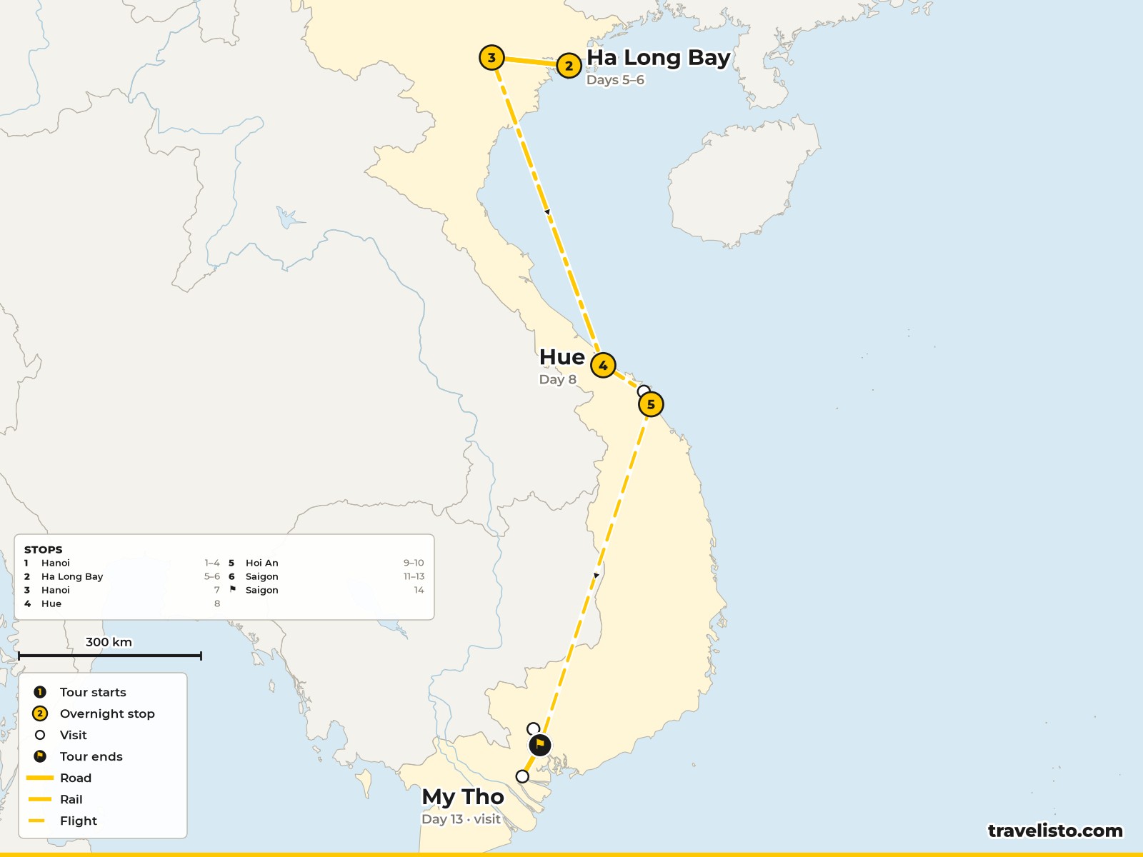 Map of the 14-day route from Hanoi to Halong Bay, by train to Hue and Danang, then Hoi An and Saigon