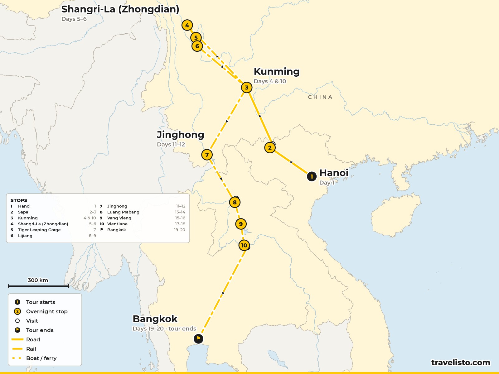 Map of the 20-day route from Hanoi to Sapa, Kunming, Shangri-La, Lijiang, Jinghong, Luang Prabang, Vang Vieng, Vientiane and Bangkok