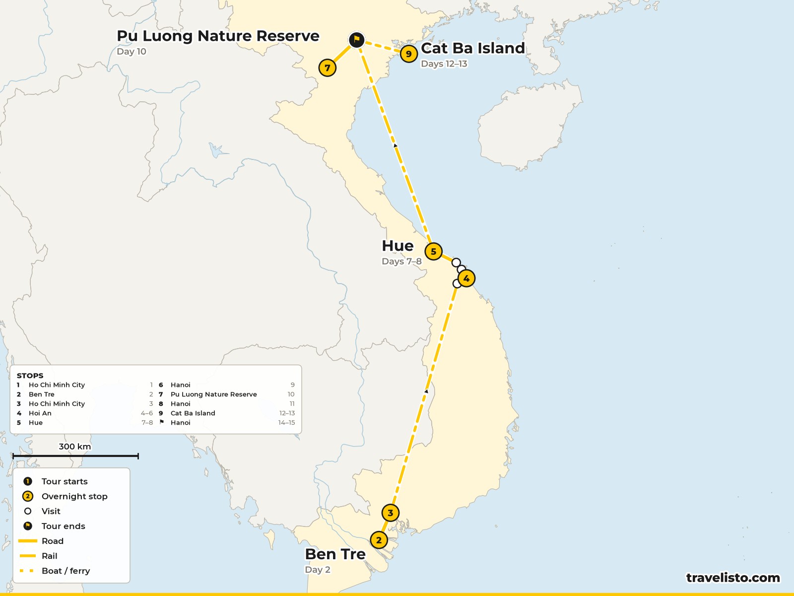 Map of the 15-day route from Ho Chi Minh City to the Mekong Delta, Hoi An, Hue, Hanoi, Pu Luong and Cat Ba