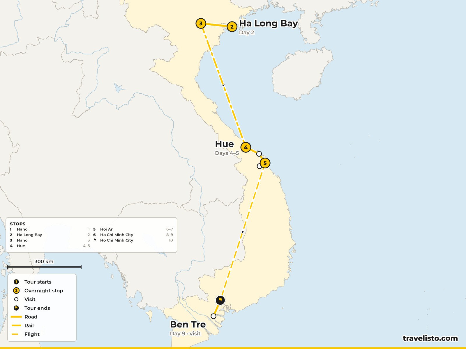 Map of the 10-day route from Hanoi to Halong Bay, Hue, Hoi An and Ho Chi Minh City