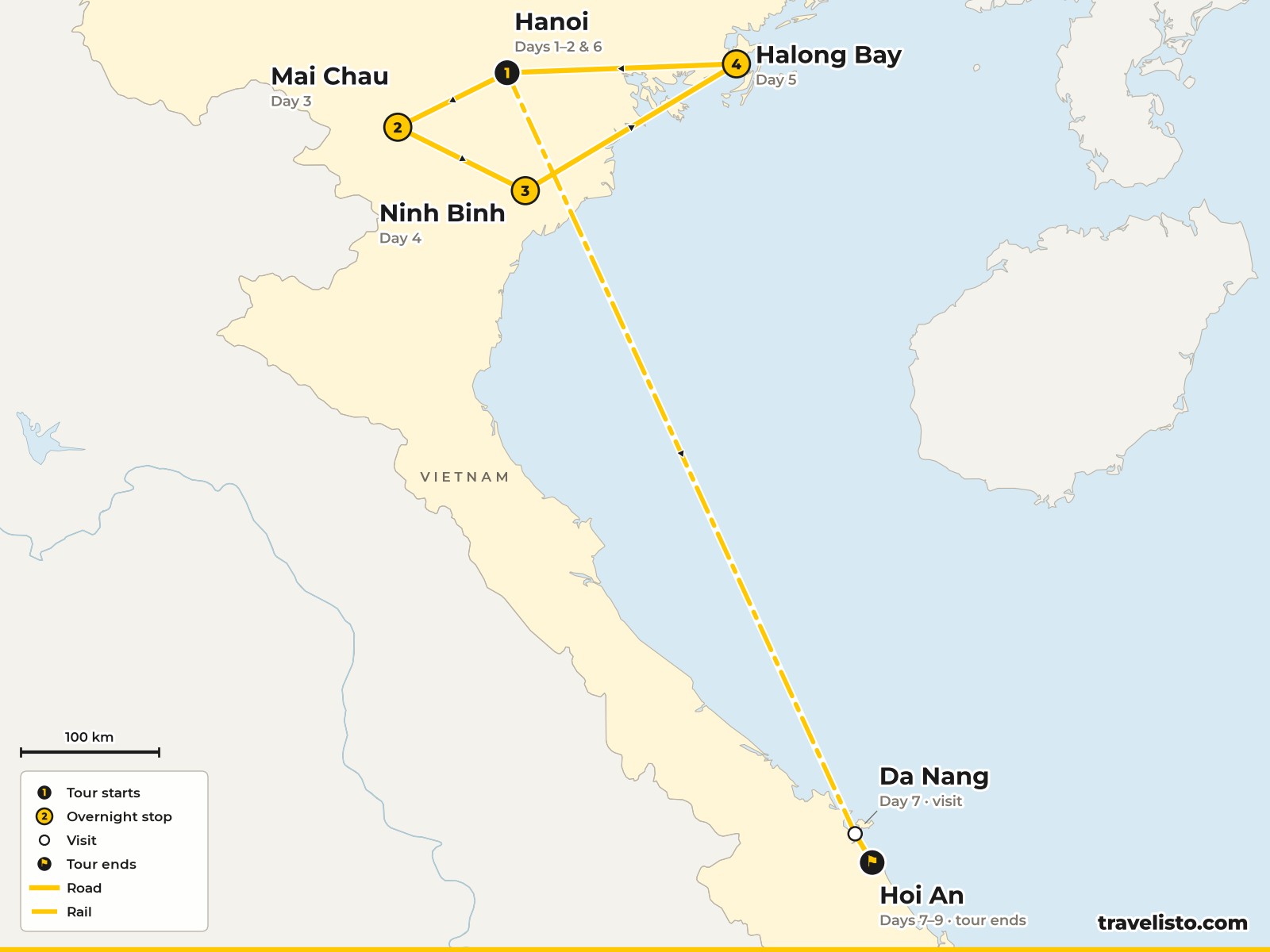 Map of the 9-day family trip from Hanoi to Mai Chau, Ninh Binh, Ha Long Bay, Danang and Hoi An