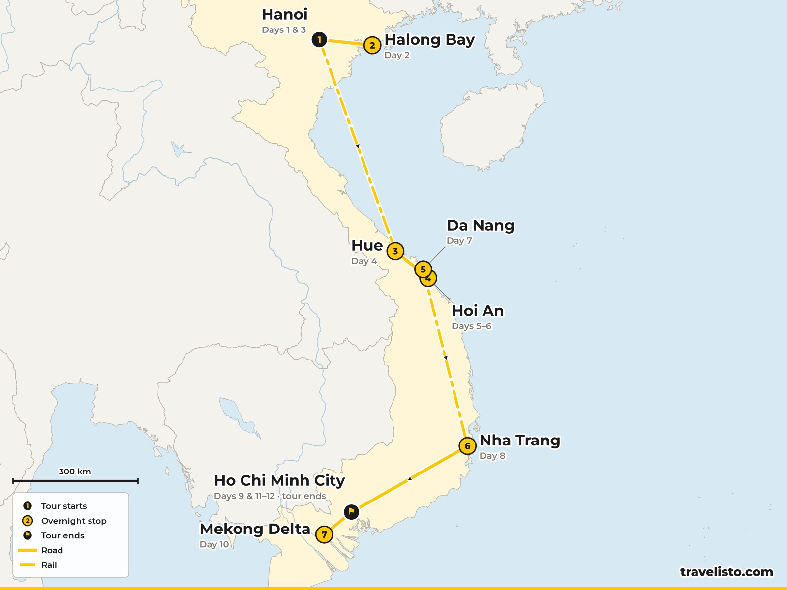Map of the 12-day food route from Hanoi to Ha Long Bay, Hue, Hoi An, Nha Trang and Ho Chi Minh City