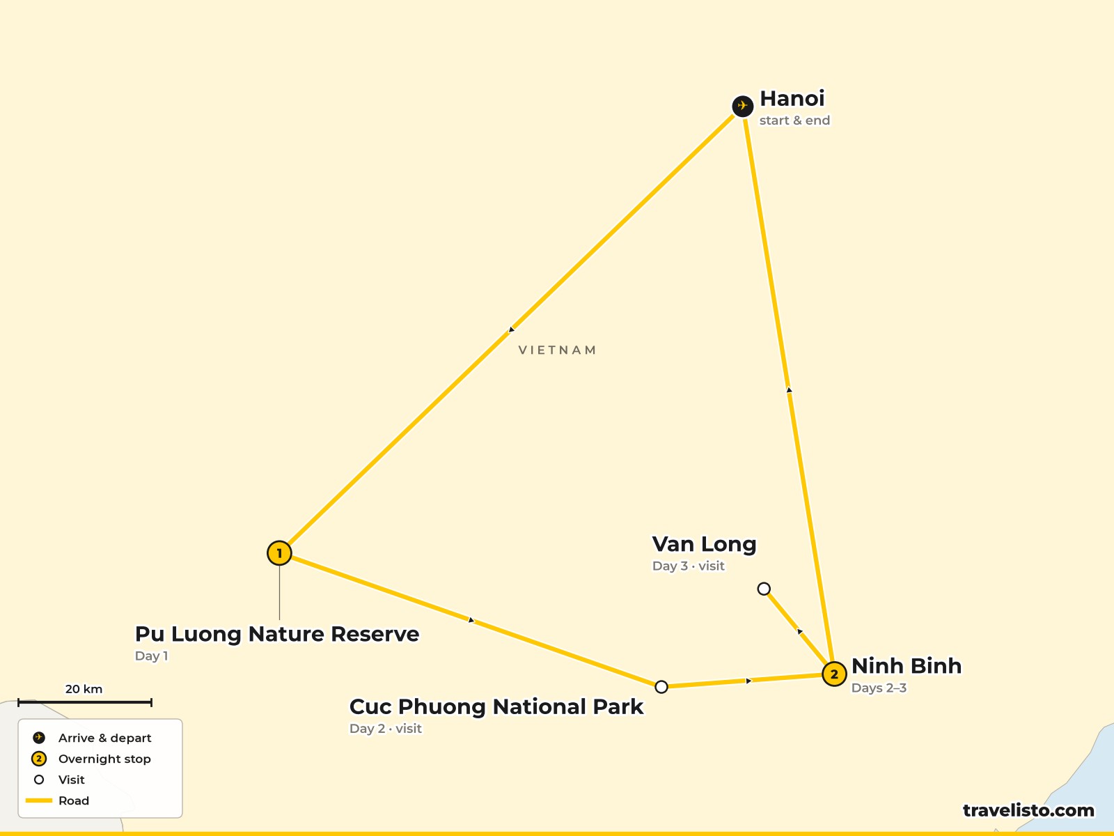 Map of the 4-day short break from Hanoi to Pu Luong and Ninh Binh