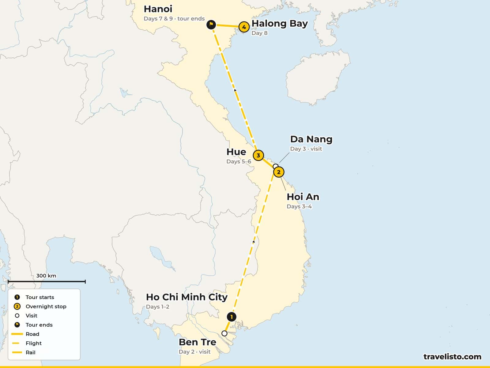 Map of the 10-day trip from Ho Chi Minh City to the Mekong Delta, by air to Danang and Hoi An, to Hue, by train to Hanoi and on to Ha Long Bay