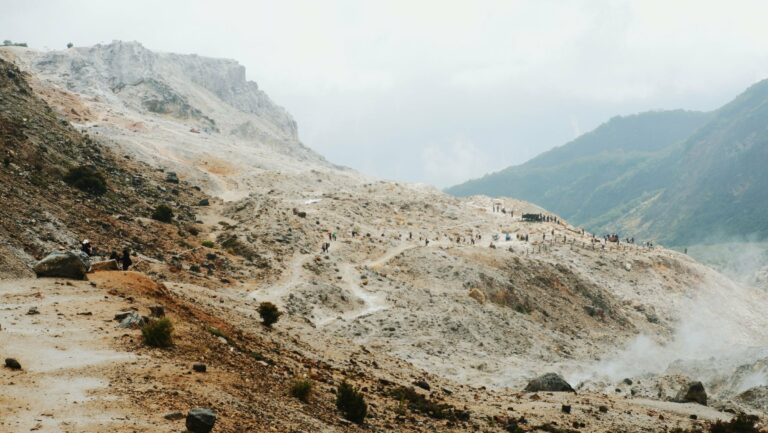 Hikers on a volcanic trail