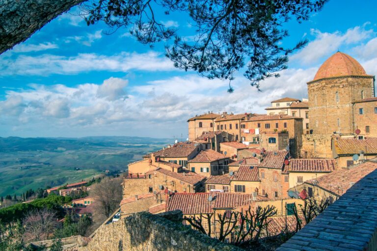 The hilltop town of Volterra above the Tuscan landscape