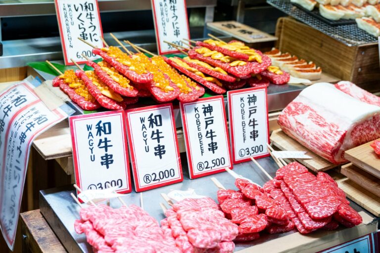 Wagyu beef skewers on a Japanese market stall
