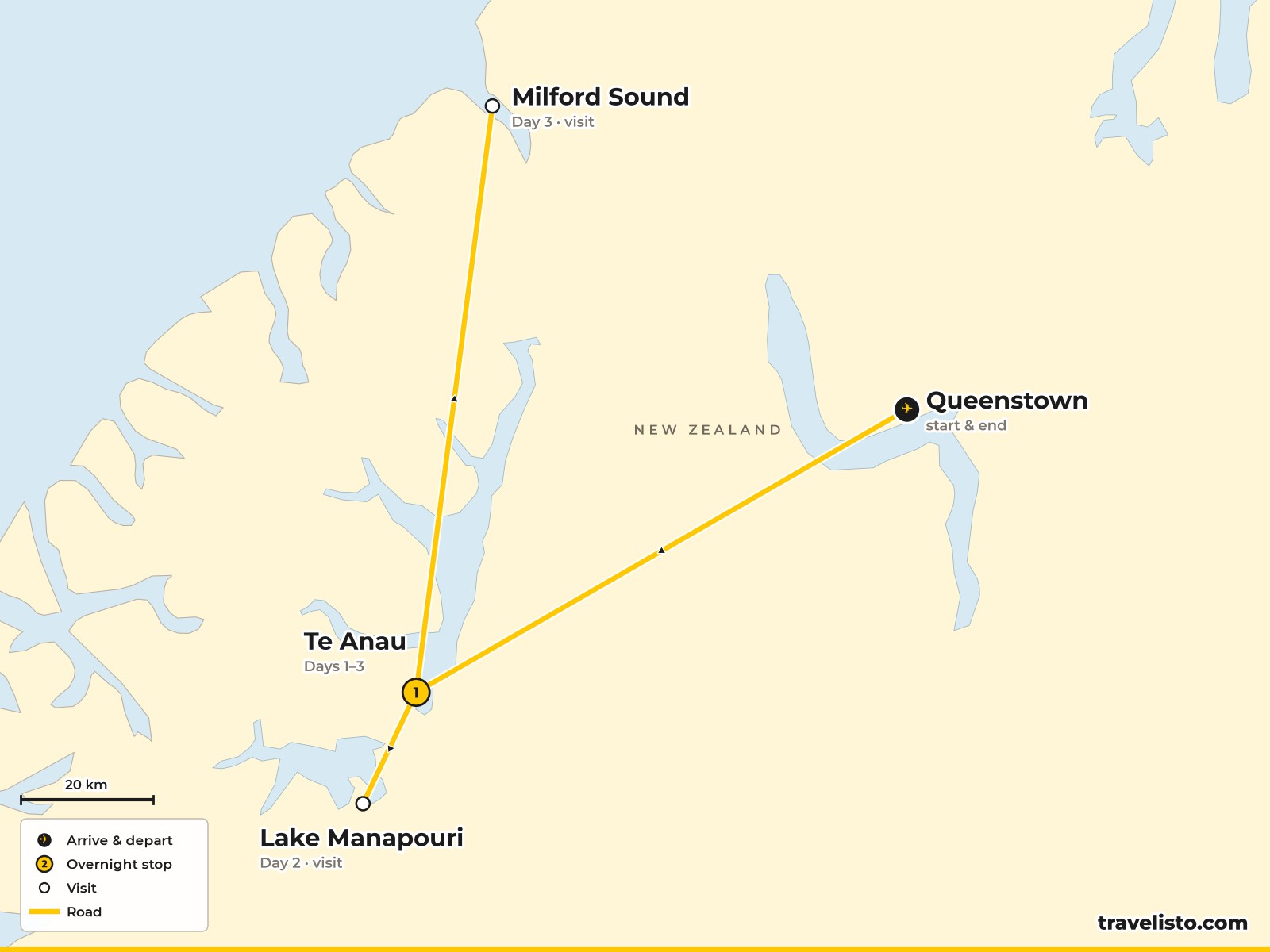 Map of the 4-day Fiordland walking trip from Queenstown to Te Anau and the Milford Road