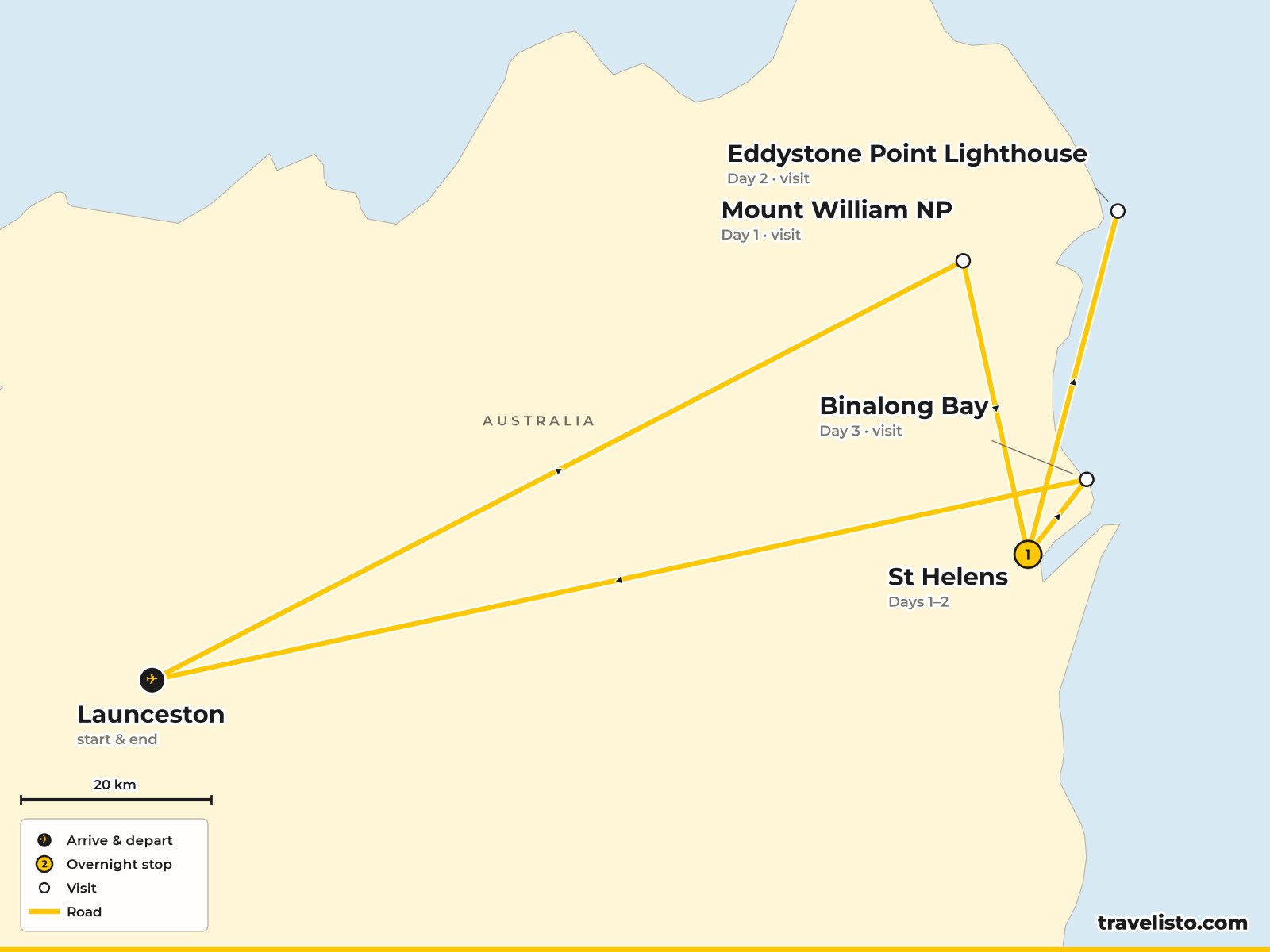 Map of the 3-day walking route from Launceston to Mount William, Eddystone Point, St Helens and the Bay of Fires