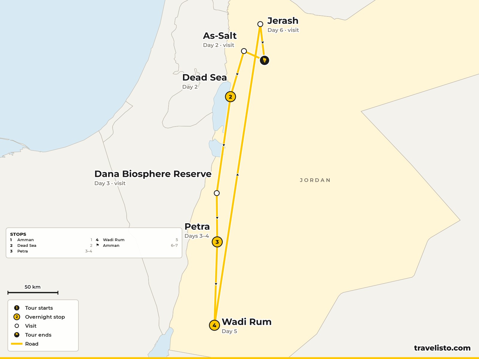 Map of the 7-day walking route from Amman to As-Salt, the Dead Sea, Kerak, Dana, Petra and Wadi Rum, returning via Jerash