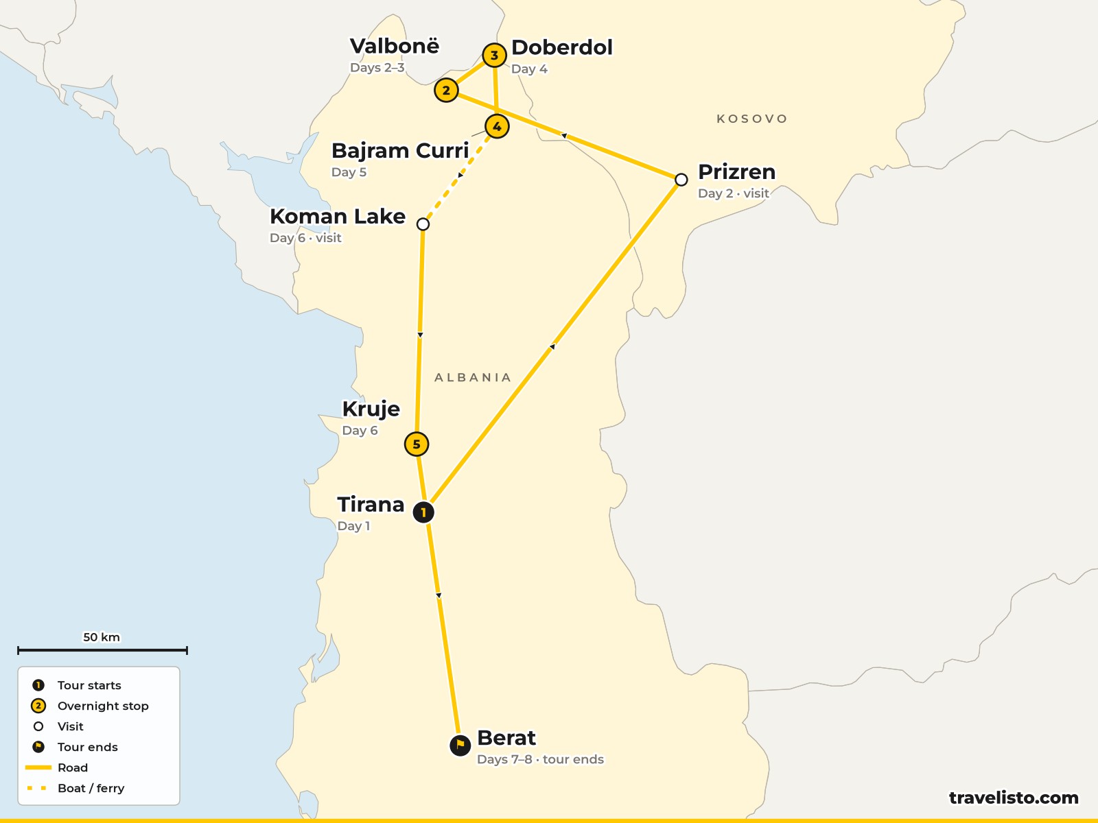 Map of the 8-day walking route from Tirana via Prizren and Valbona to Koman Lake and Berat