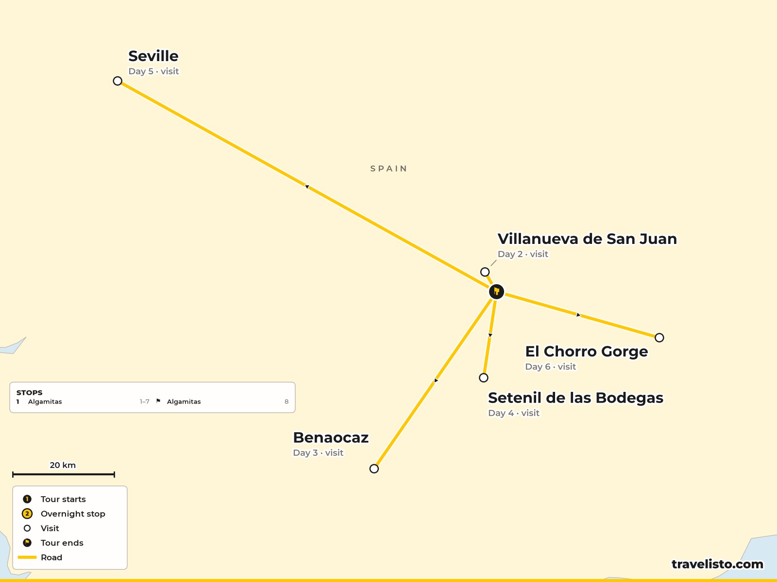 Map of the 8-day Andalucía walking holiday based at Algamitas