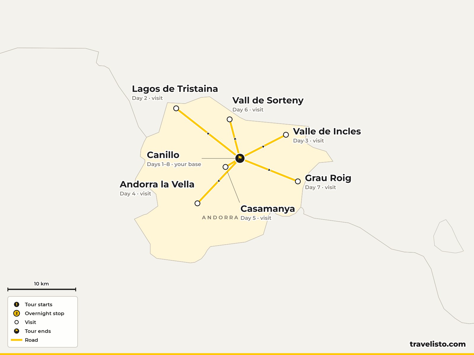 Map of the 8-day hiking holiday based in Canillo, Andorra