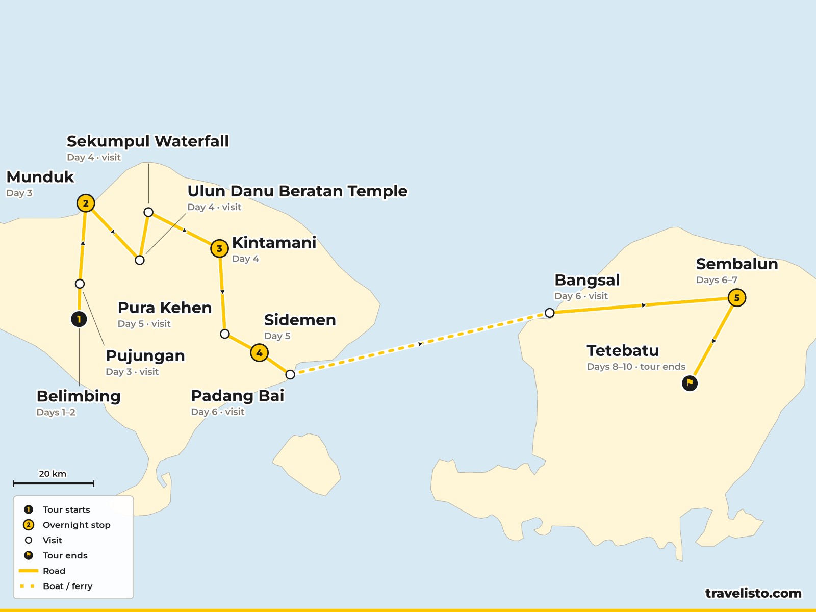 Map of the 10-day walking route through Bali to Lombok