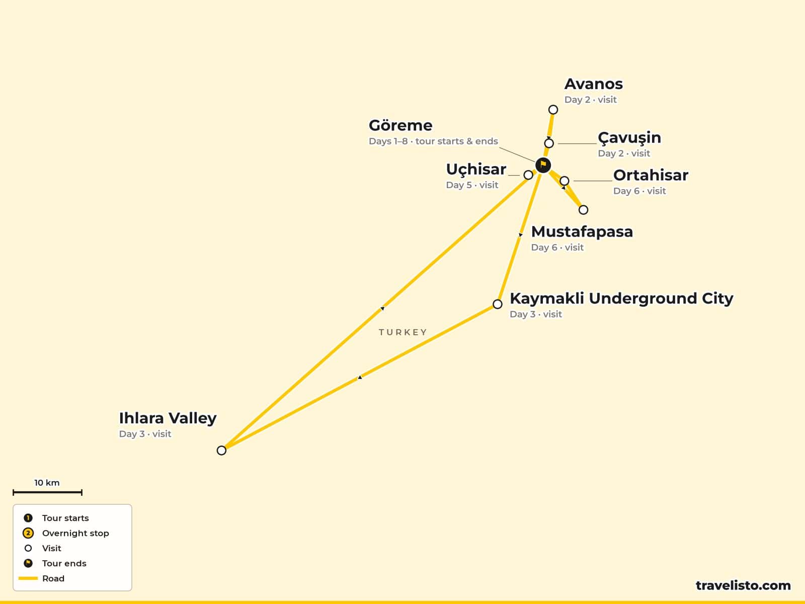 Map of the 8-day walking holiday around Göreme in Cappadocia, including Uçhisar, Mount Bozdağ, the Ihlara Canyon and Mustafapaşa