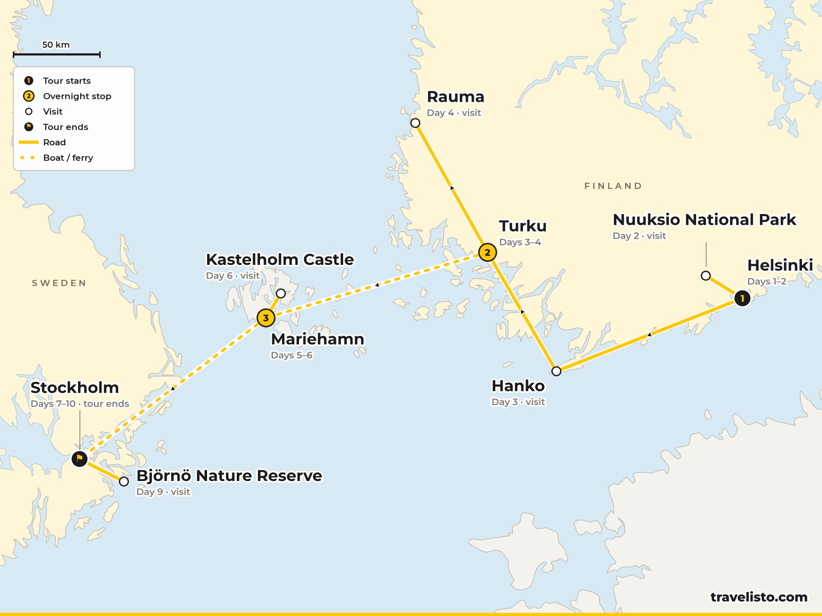 Map of the 10-day route from Helsinki to Turku, the Åland Islands and Stockholm