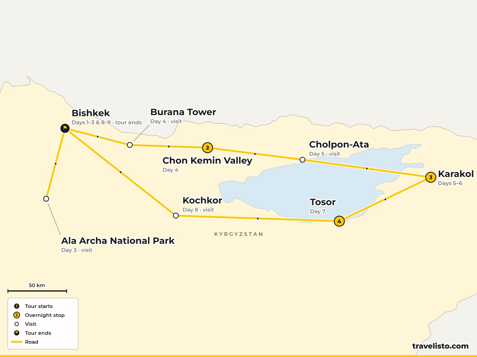 Map of the 9-day walking route from Bishkek to Chon Kemin, Karakol and Issyk Kul