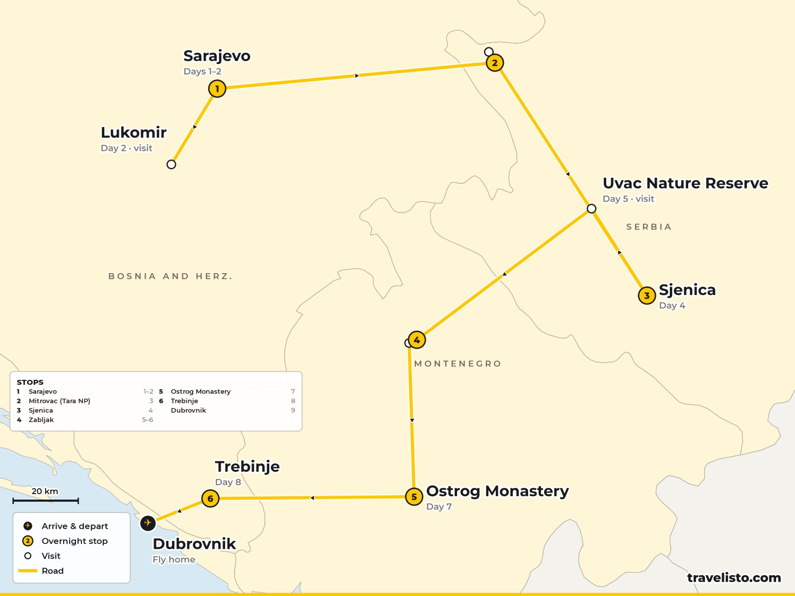 Map of the 9-day walking route from Sarajevo to Tara National Park, Uvac, Durmitor, Ostrog and Trebinje