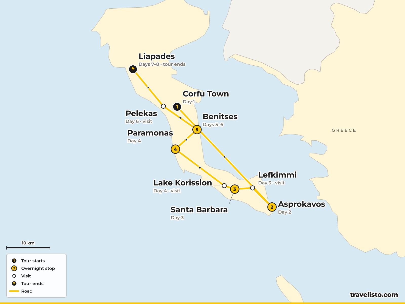 Map of the 8-day Corfu Trail walk from Corfu Town to Asprokavos, Santa Barbara, Paramonas, Benitses, Pelekas and Liapades