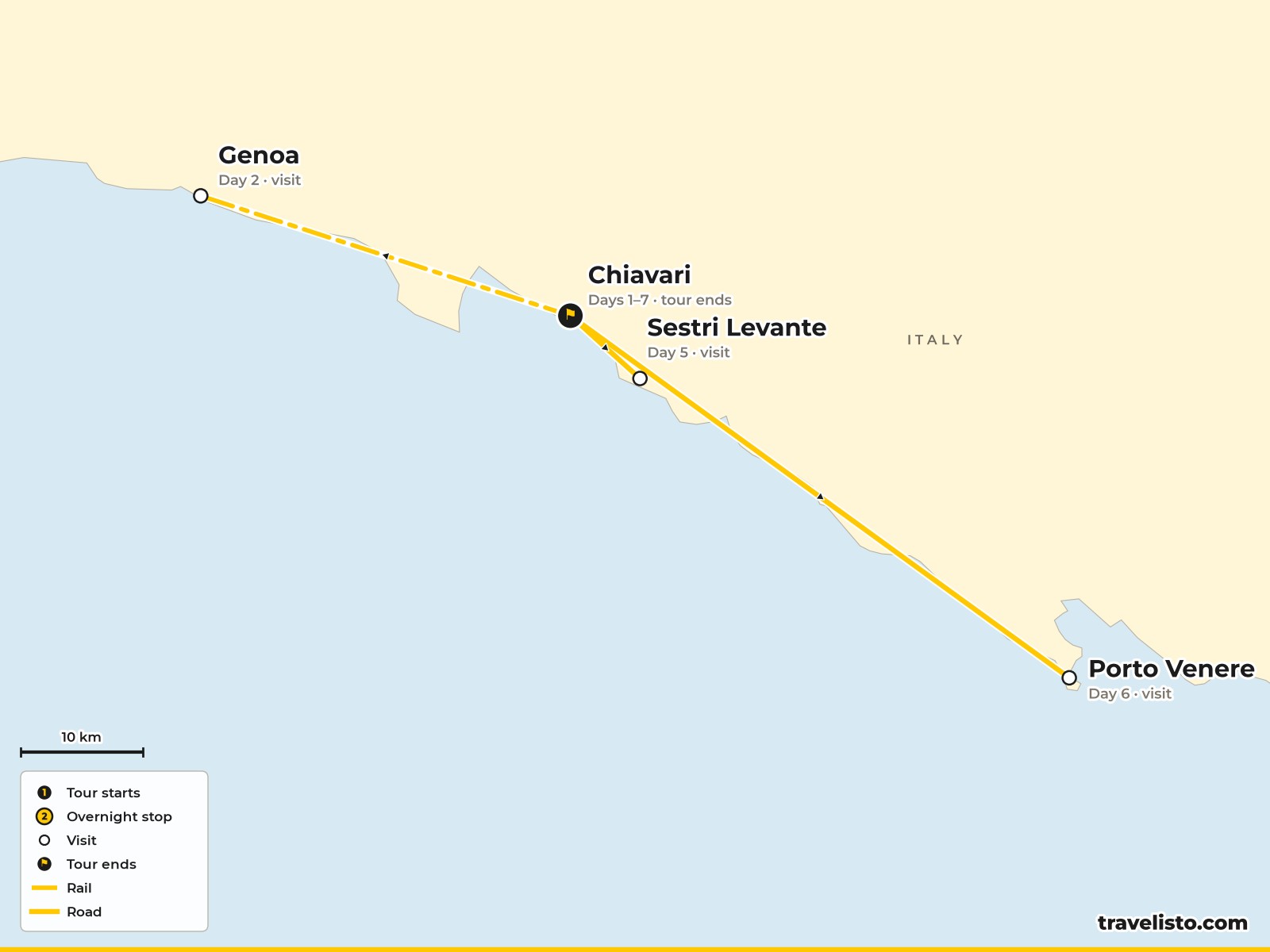 Map of the 7-day Italian Riviera holiday based in Chiavari