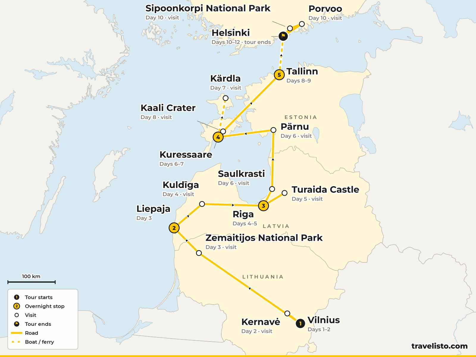 Map of the 12-day route from Vilnius to Žemaitija, Liepāja, Kuldīga, Riga, Saaremaa, Hiiumaa, Tallinn and Helsinki
