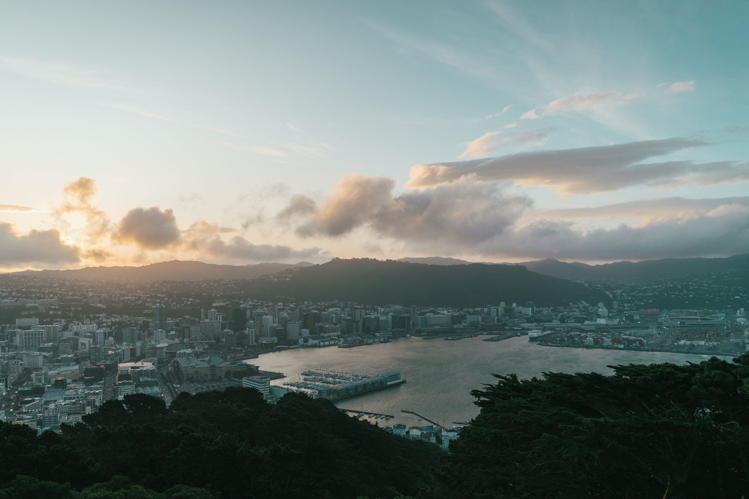 Wellington Harbour and the city at sunset