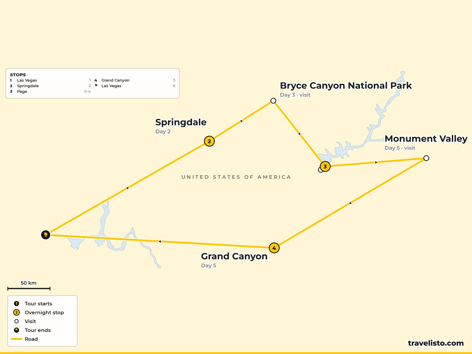 Map of the 6-day loop from Las Vegas to Zion, Bryce, Page, Monument Valley and the Grand Canyon