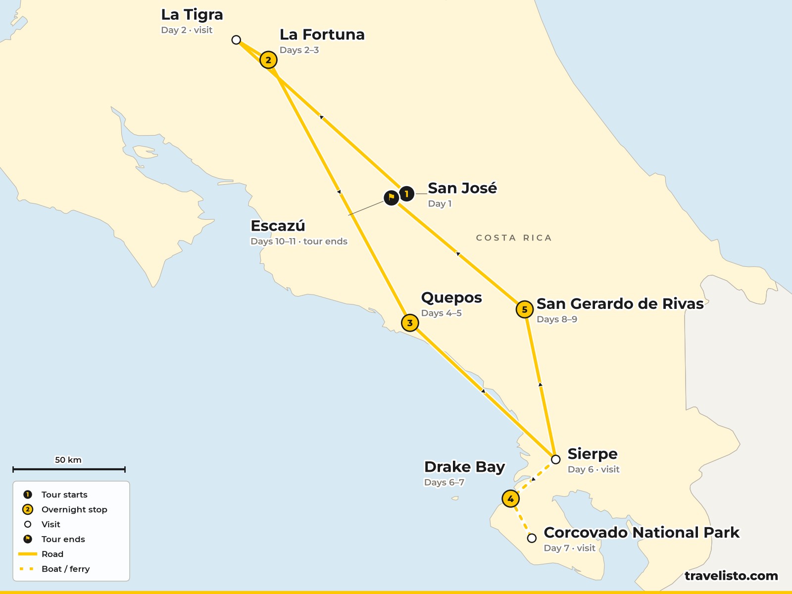 Map of the 11-day route from San Jose to La Fortuna, Quepos, the Osa Peninsula and San Gerardo de Rivas