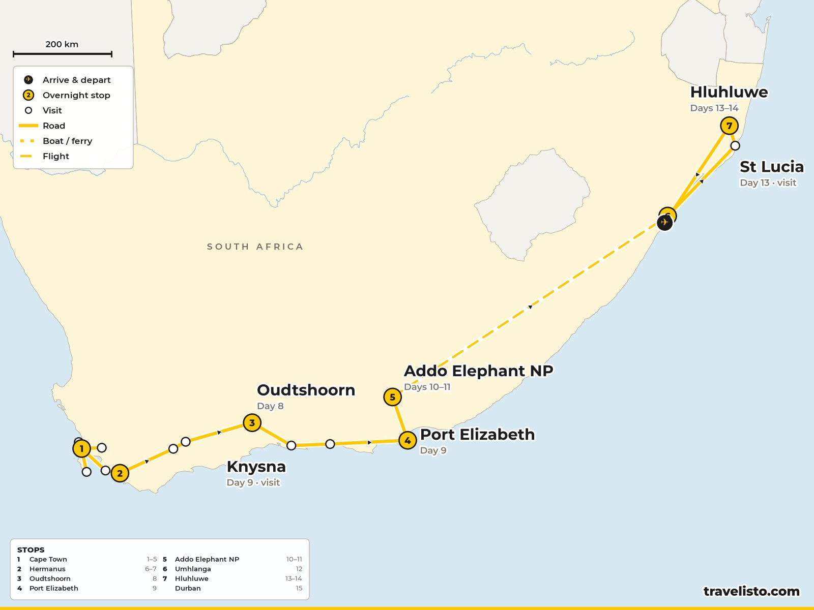 Map of the 16-day route from Cape Town to Hermanus, Oudtshoorn, Gqeberha, Addo, Durban, St Lucia and Hluhluwe