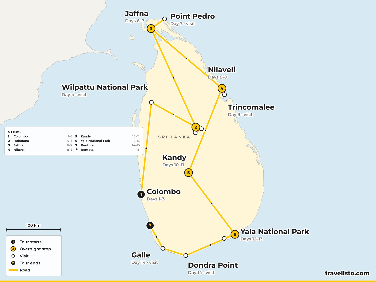 Map of the 16-day route around Sri Lanka from Colombo to Jaffna, Trincomalee, Kandy, Yala and Bentota