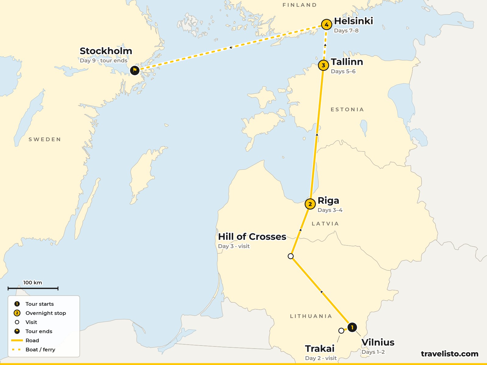 Map of the 10-day trip from Vilnius to Riga, Tallinn, Helsinki and Stockholm
