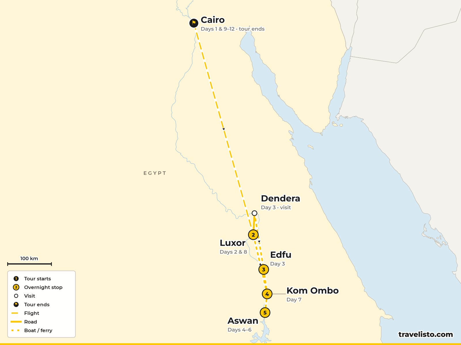 Map of the 12-day route from Cairo to Luxor, along the Nile to Aswan and back to Cairo