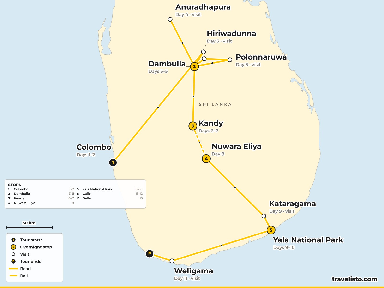 Map of the 13-day route from Colombo to Dambulla, Kandy, Nuwara Eliya, Yala and Galle