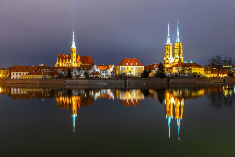 Wrocław Cathedral reflected at night