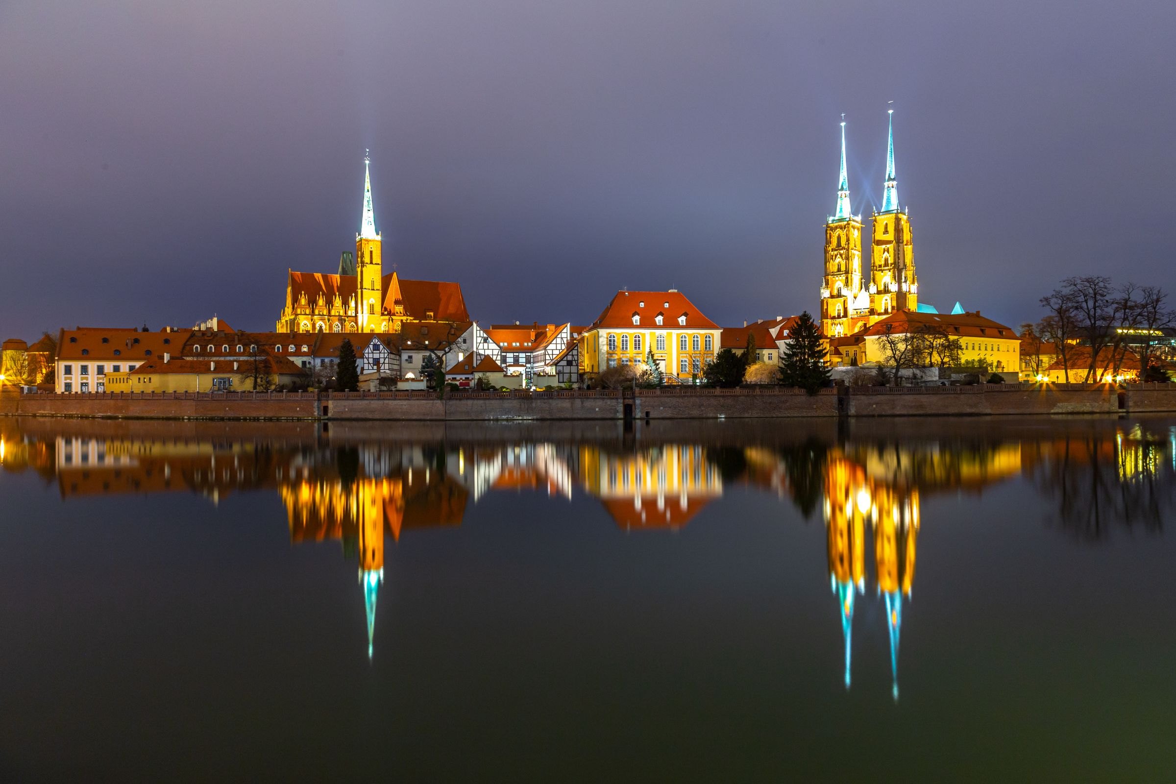 Wrocław Cathedral reflected at night