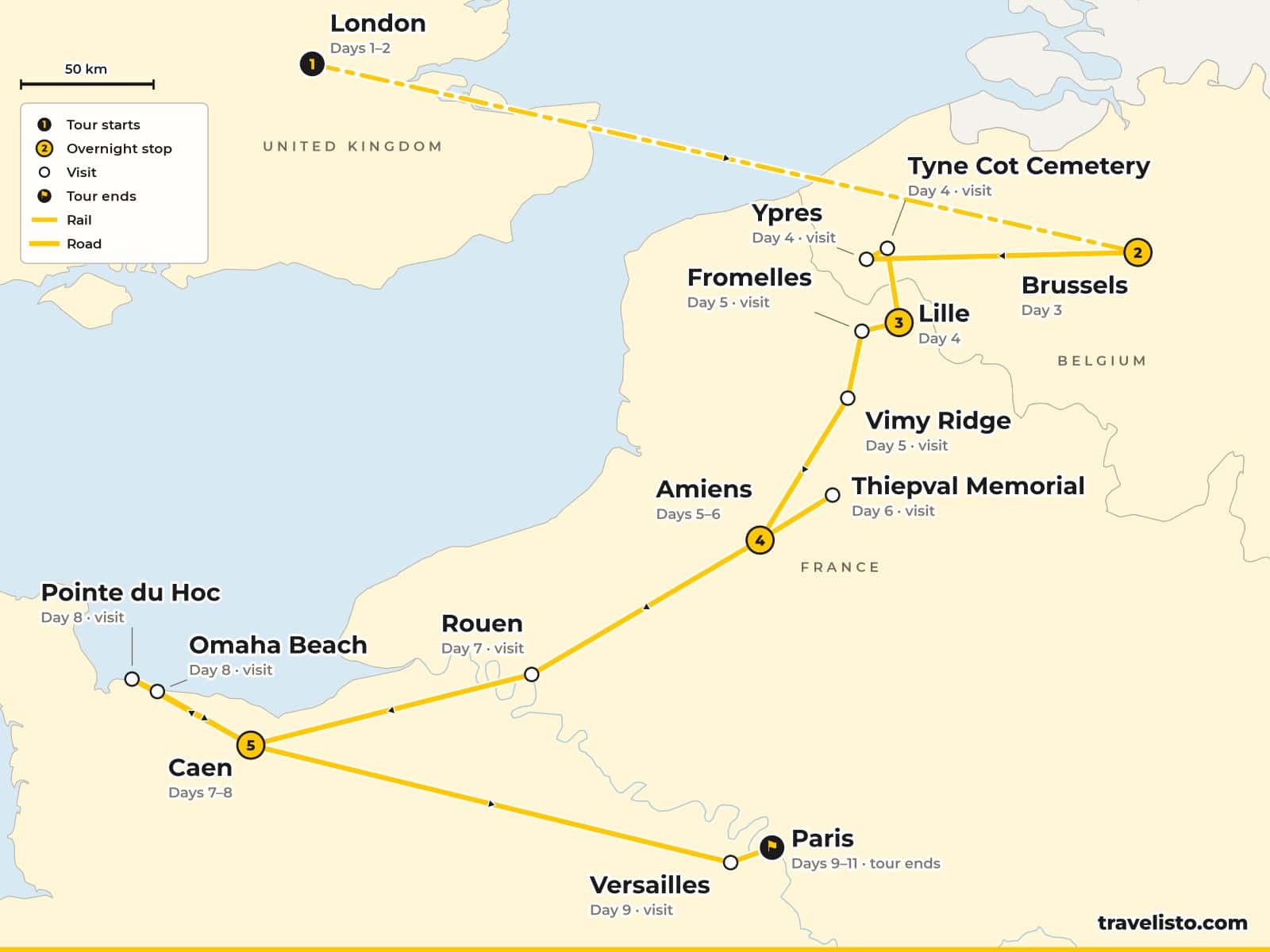 Map of the 11-day tour from London by Eurostar to Brussels, then Ypres, Lille, Vimy, Amiens, Rouen, Caen and the D-Day beaches to Paris